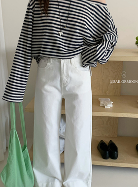 想象SAILORMOON -26年早春韩系慵懒风条纹斜肩长袖T恤52667