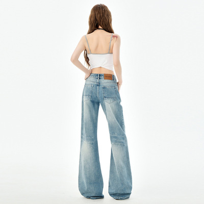 美式复古低腰牛仔裤女2025春秋新显瘦窄版直筒小个子微喇叭裤子