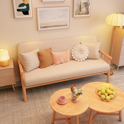 木栖坊日式实木沙发小户型双人三人客厅简约现代棉麻布艺小沙发