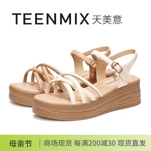 Teenmix天美意2024夏新款 CKV03 凉鞋 厚底露趾交叉绑带后空水钻女鞋