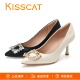 繁花水钻方扣真皮通勤浅口单鞋 KISSCAT接吻猫2026新款 尖头高跟鞋