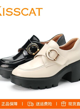 KISSCAT接吻猫2026新款真皮厚底孟克鞋D扣魔术贴舒适乐福鞋单鞋