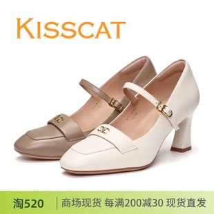 单鞋 KISSCAT接吻猫2024春款 粗跟一字带羊皮玛丽珍女鞋 正品 高跟鞋