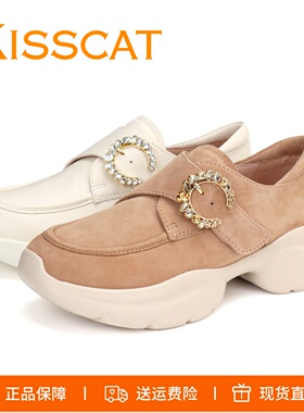 KISSCAT接吻猫2026厚底圆头增高水钻魔术贴运动休闲鞋乐福鞋女鞋