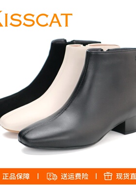 KISSCAT接吻猫2025真皮粗跟方头黑色侧拉链时装靴短靴踝靴女鞋子