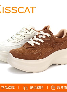 KISSCAT接吻猫2026厚底增高系带小白鞋休闲时尚运动鞋老爹鞋女鞋