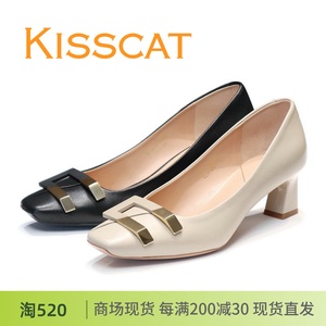 KISSCAT接吻猫2023新款49512正品低粗跟方头羊皮女单鞋KA39512-10