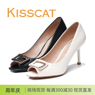 女单鞋 接吻猫KISSCAT正品 羊皮百搭方扣鱼嘴鞋 细高跟鞋 KA32108