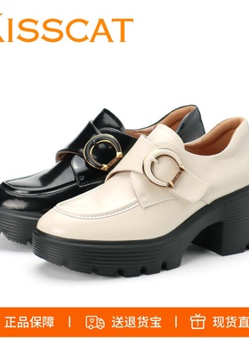 KISSCAT接吻猫2025新款真皮厚底孟克鞋D扣魔术贴舒适乐福鞋单鞋