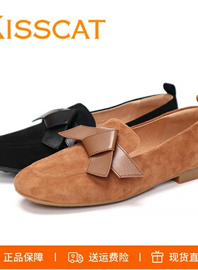 KISSCAT接吻猫2025新款平底低跟蝴蝶结羊反绒蝴蝶结女单鞋乐福鞋