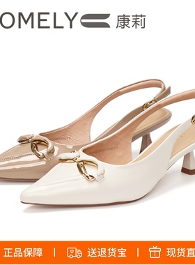 COMELY康莉2025新款细跟尖头浅口羊皮后空包头女鞋凉鞋KYQ42220