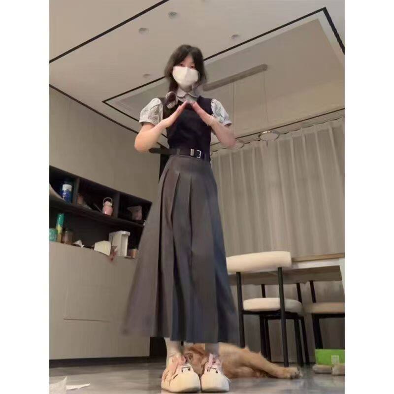 套装女2026夏季新款学院风假两件衬衫拼接短袖上衣高腰显瘦半身裙