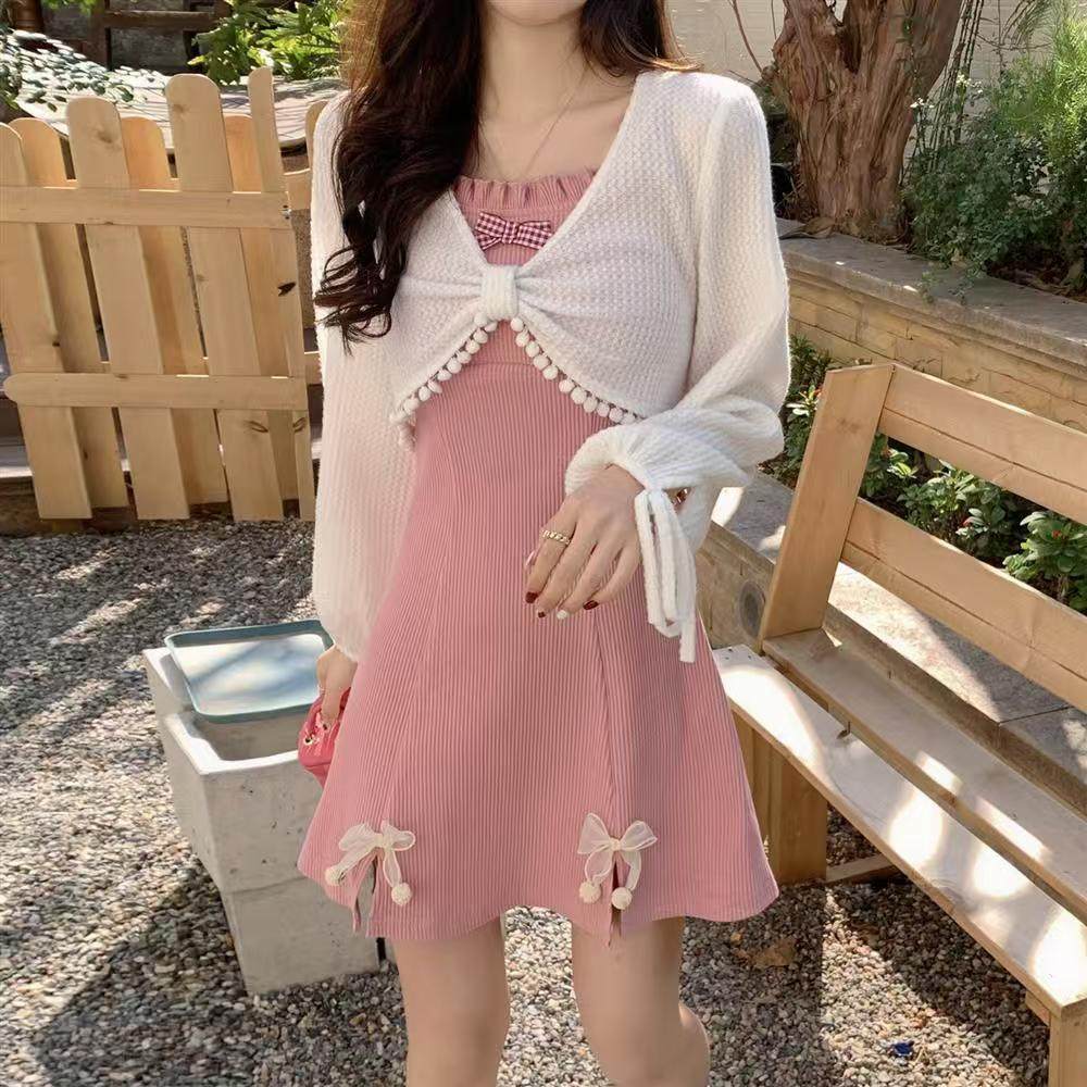 春款日系甜美蝴蝶设计感吊带显瘦连衣裙+灯笼袖针织外搭两件套装,女装/女士精品,时尚套装,淘宝优惠券,粉丝福利购,淘宝优惠卷