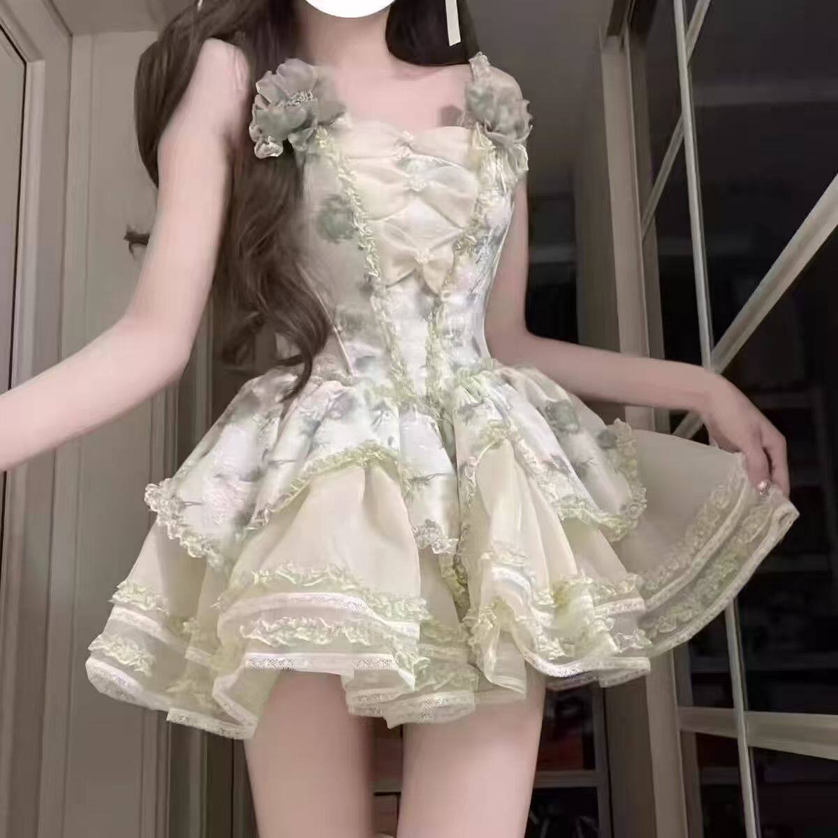 夏季甜美约会裙Lolita设计感蝴蝶结茉莉雨公主萝莉吊带鱼骨连衣裙