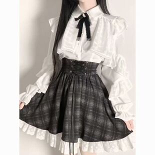 奈奈风穿搭黑白色系千金风蕾丝花边清纯系长袖衬衫上衣半裙套装女