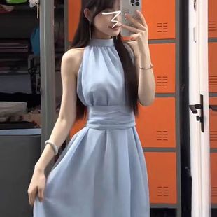 气质海边小个子长裙 蓝色法式 无袖 挂脖露肩连衣裙子女夏季 2025新款