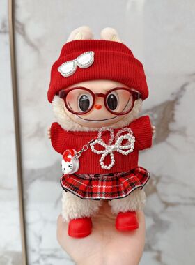 17cmlabubu娃衣新年红色套装一二三代拉布布衣服祝福格子群批发