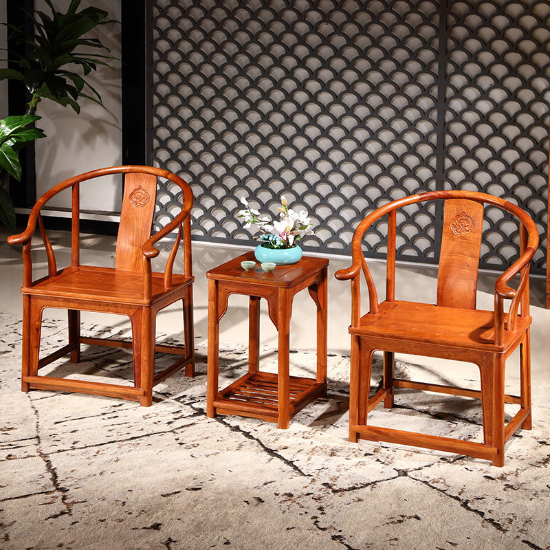 大古树精品红木家具缅甸花梨木圈椅大果紫檀太师椅三件套客厅中式