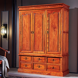 红木卧室衣橱家具缅甸花梨实木三门衣柜大果紫檀高档顶箱柜带抽屉