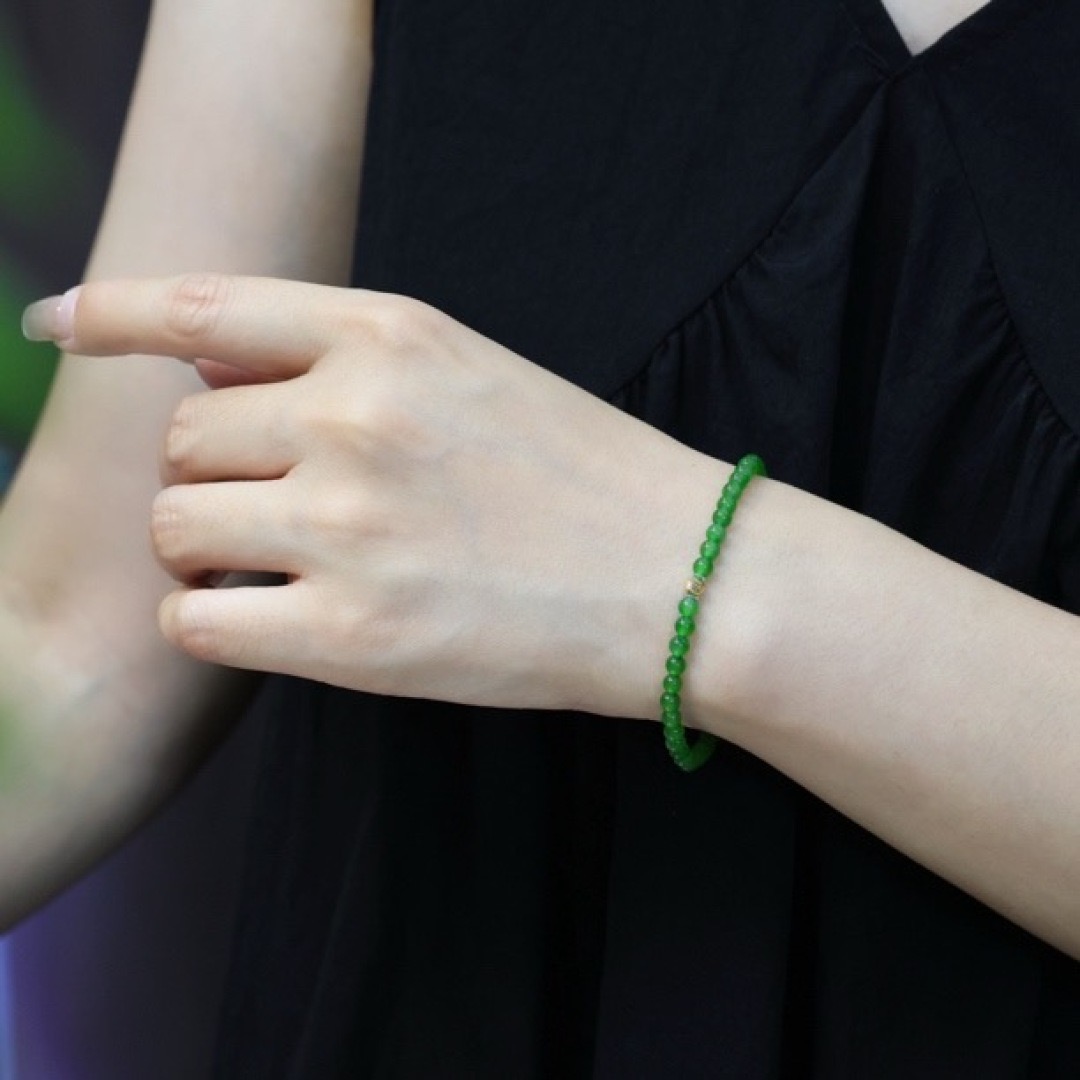 小米珠手串 和田碧玉阳绿老坑料手链手串18k金镶嵌名媛气质