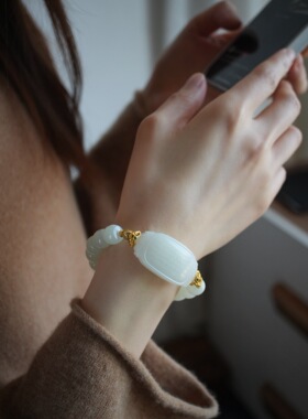 天然和田玉白玉手牌吊坠18k金镶嵌玉石挂件平安手牌送礼物