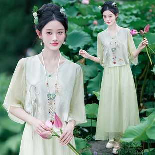 实拍新中式改良汉服中式女装唐装盘扣斜襟国风禅意茶服上衣套装