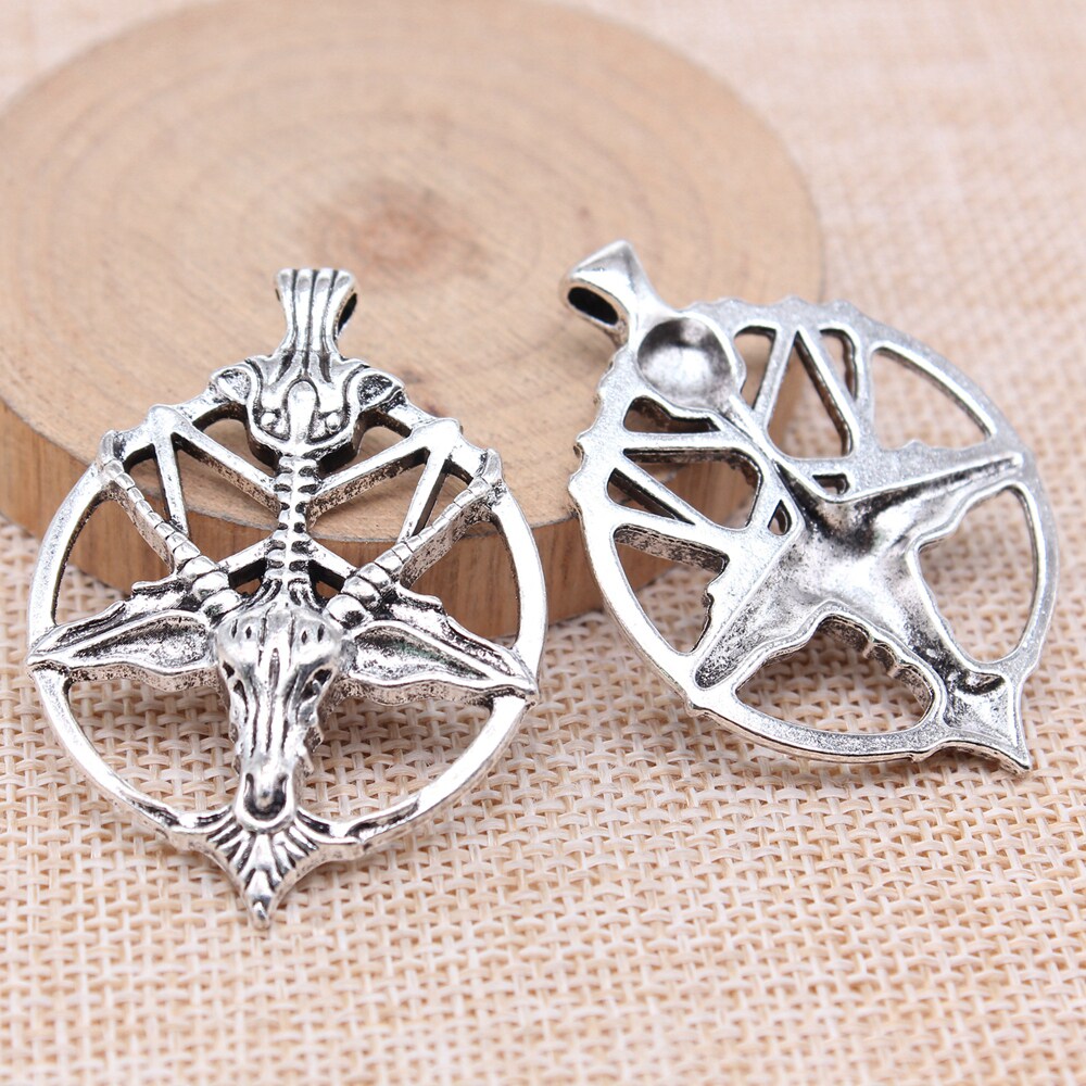 1个/包 46x34mm 古银色 恶魔撒旦山羊头倒五角星骷髅吊坠 b16475
