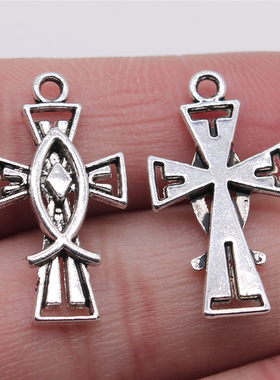 10个/包 14x26mm 古银色 DIY饰品配件 鱼十字架吊坠 ABD-C13566