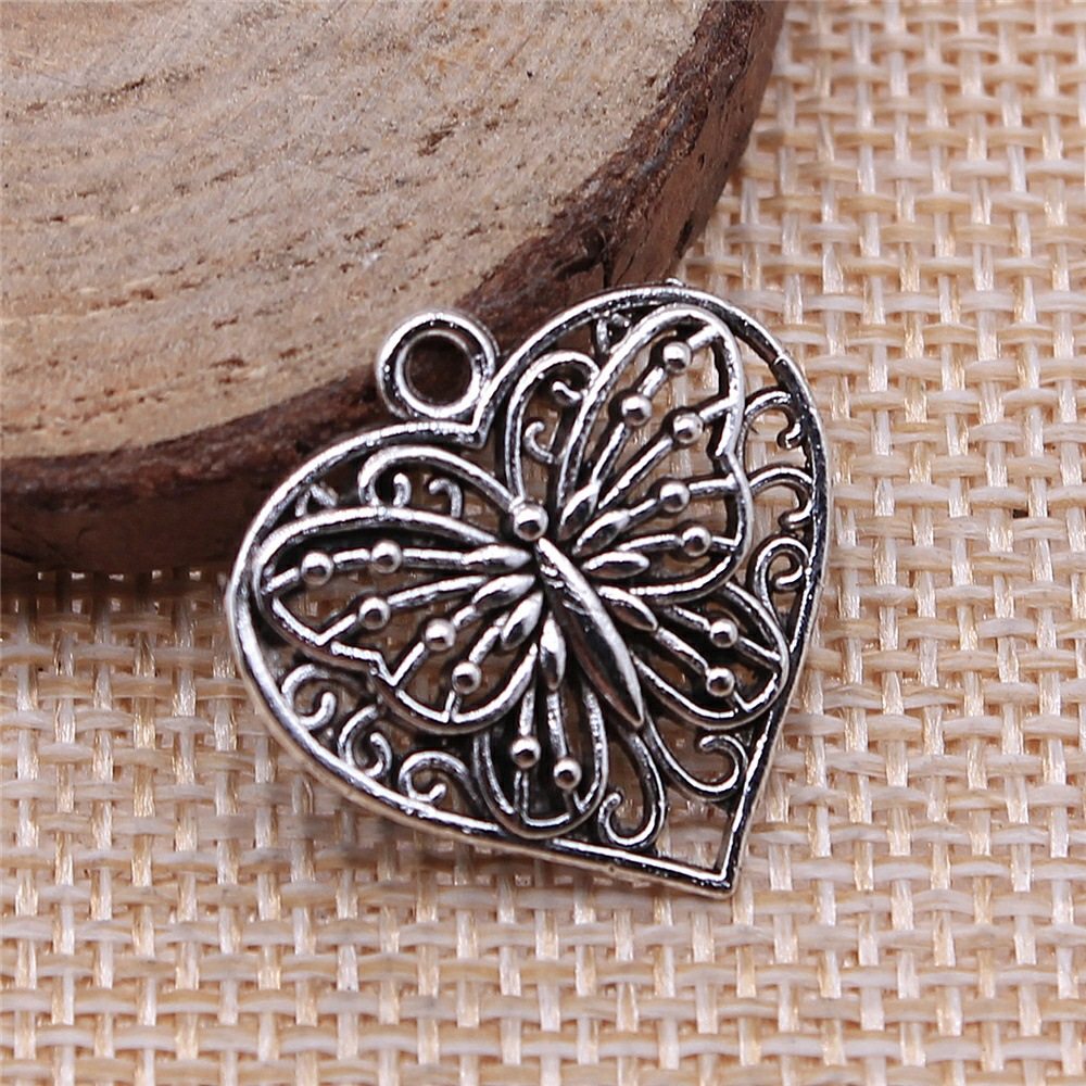 10个/包 22x22mm 古青铜色古银色diy饰品配件爱心蝴蝶吊坠