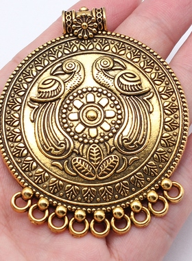 2个/包 55x69mm 古金色古银色 DIY饰品配件 雕凤凰鸟大圆片吊坠