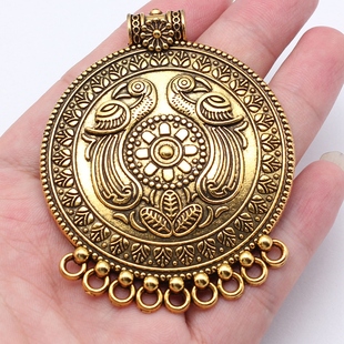 2个/包 55x69mm 古金色古银色 DIY饰品配件 雕凤凰鸟大圆片吊坠