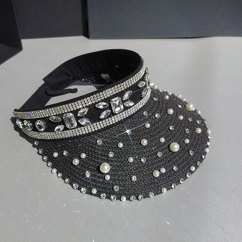 夏天草编空顶帽韩版时尚水钻鸭舌帽网红发箍无顶帽宽檐遮阳帽沙滩