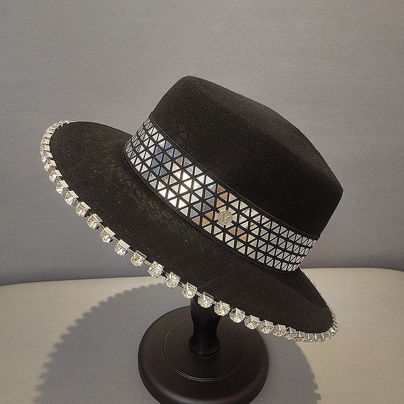 2023秋冬帽子欧美时尚水钻平顶羊毛呢礼帽复古休闲宽檐平檐帽男女