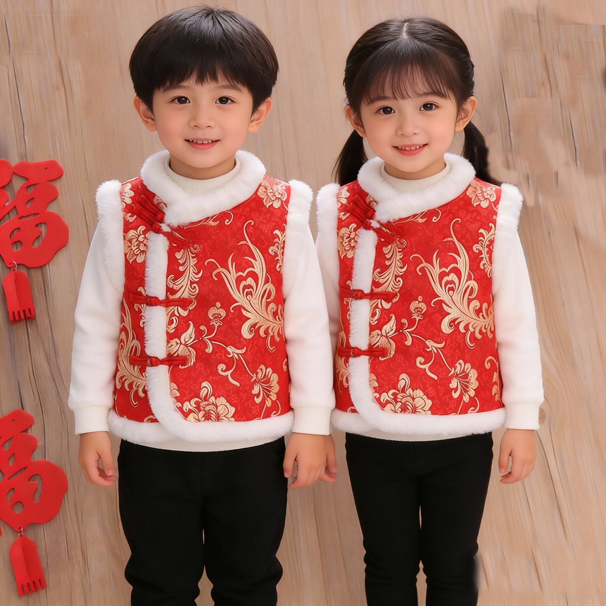 中国风儿童唐装马甲男女童拜年服新年加绒马褂宝宝棉背心婴儿过年