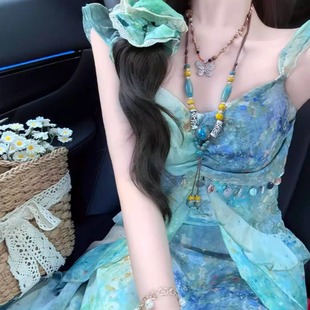 海边度假风小飞袖吊带云南穿搭长裙清新蓝绿晕染印花收腰森系裙子