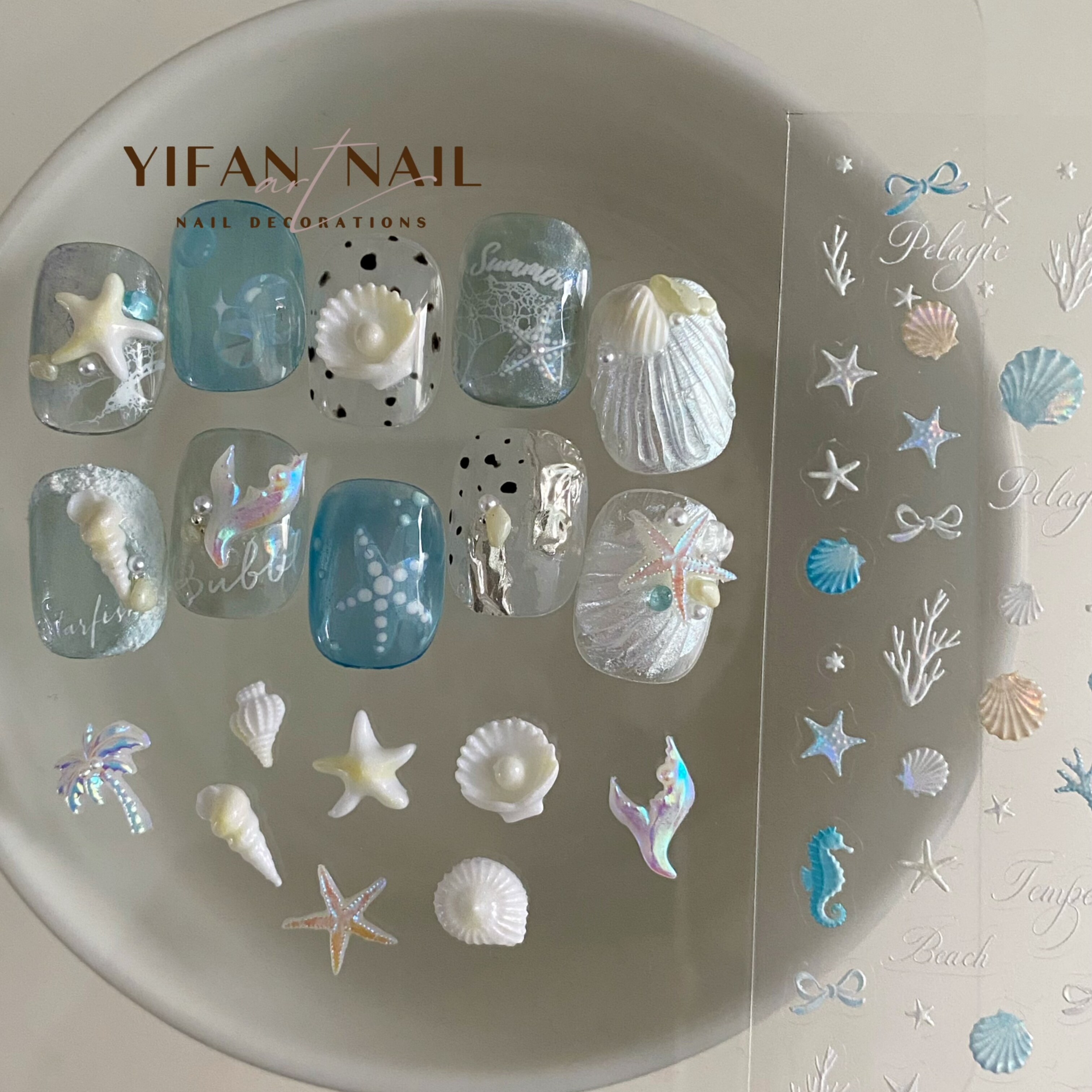 YIFANNAIL【海洋风】夏日幻彩海星贝壳海螺椰树美甲饰品J134M43