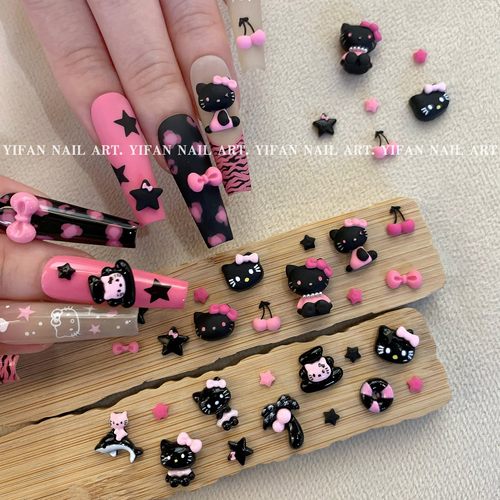 YIFANNAIL【黑粉kitty】甜酷辣妹 纯正黑皮kitty美甲饰品R6Q30