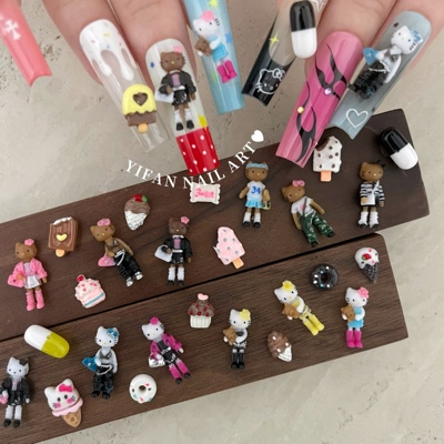 辣妹时尚黑皮长腿kt猫美甲饰品