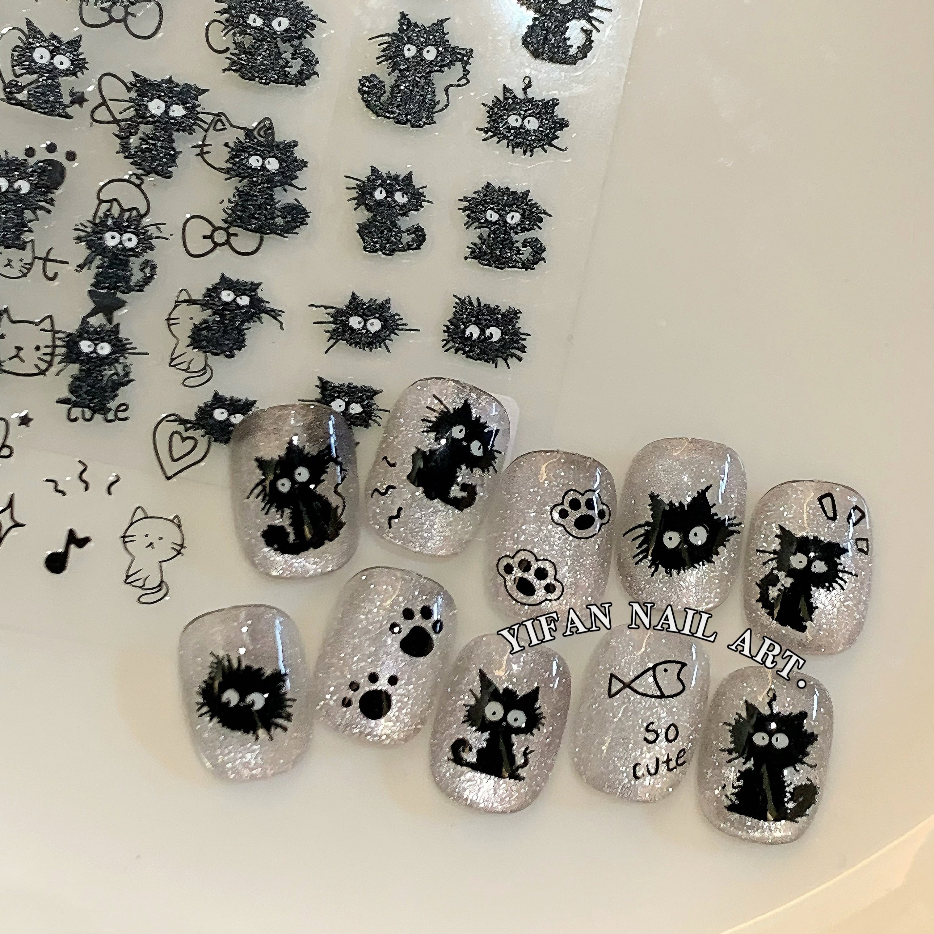 YIFANNAIL【爆炸猫】摇滚潦草猫咪~可爱炸毛小黑猫美甲贴纸J202,彩妆/香水/美妆工具,美甲工具,淘宝优惠券,粉丝福利购,淘宝优惠卷
