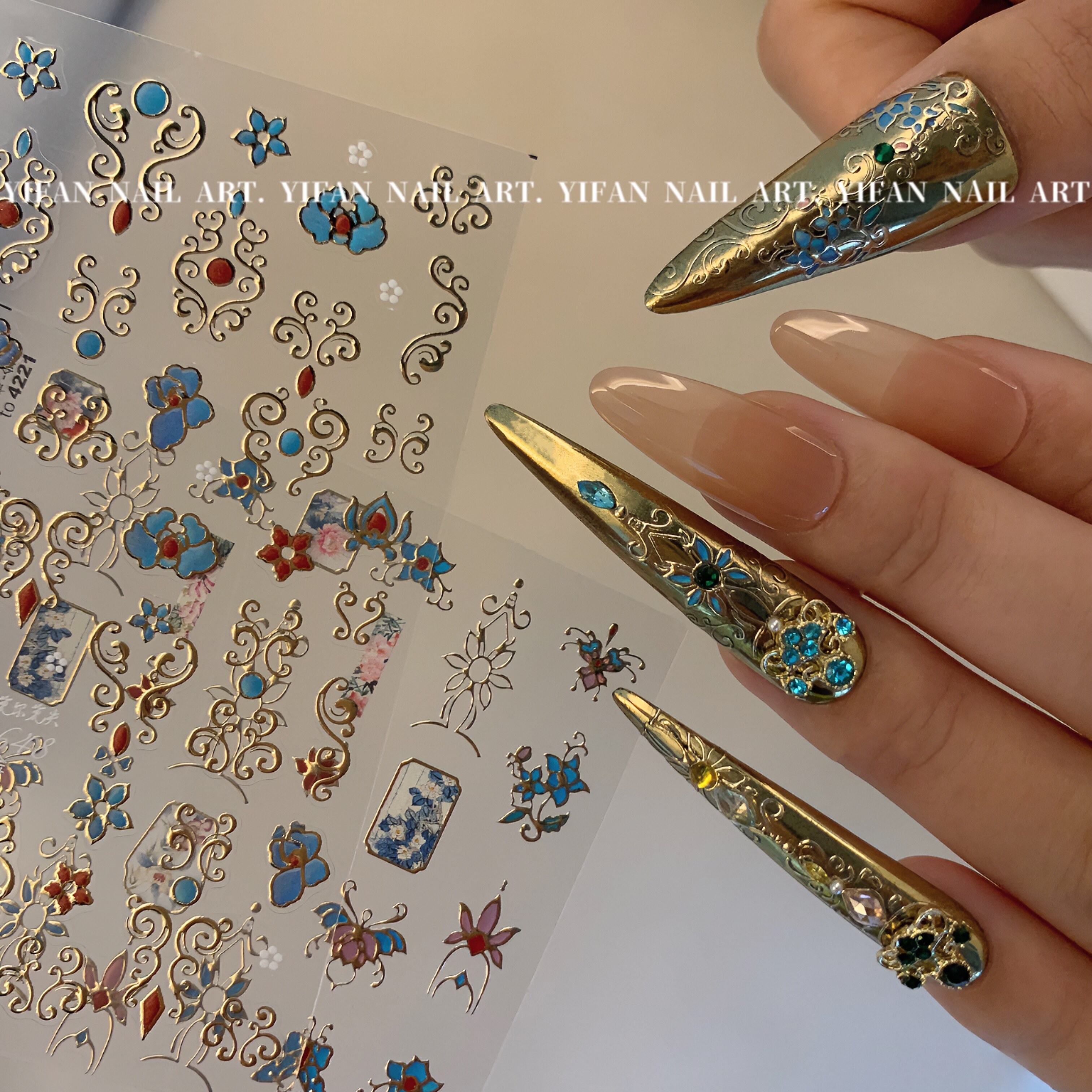 YIFANNAIL【琉璃盘扣】宫廷熹妃护甲饰品 复古图腾美甲贴纸N82,彩妆/香水/美妆工具,美甲工具,淘宝优惠券,粉丝福利购,淘宝优惠卷