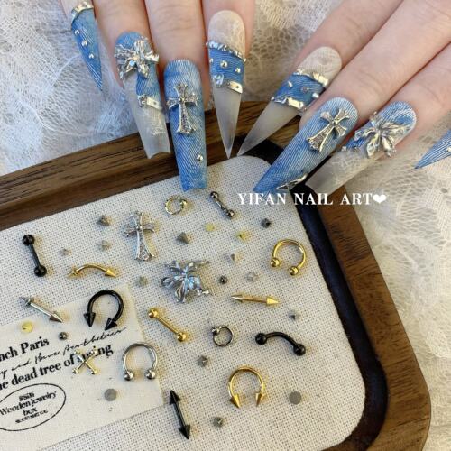 YIFANNAIL辣妹风 暗黑朋克铆钉穿孔吊环 尖堆钢珠美甲饰品R68S11