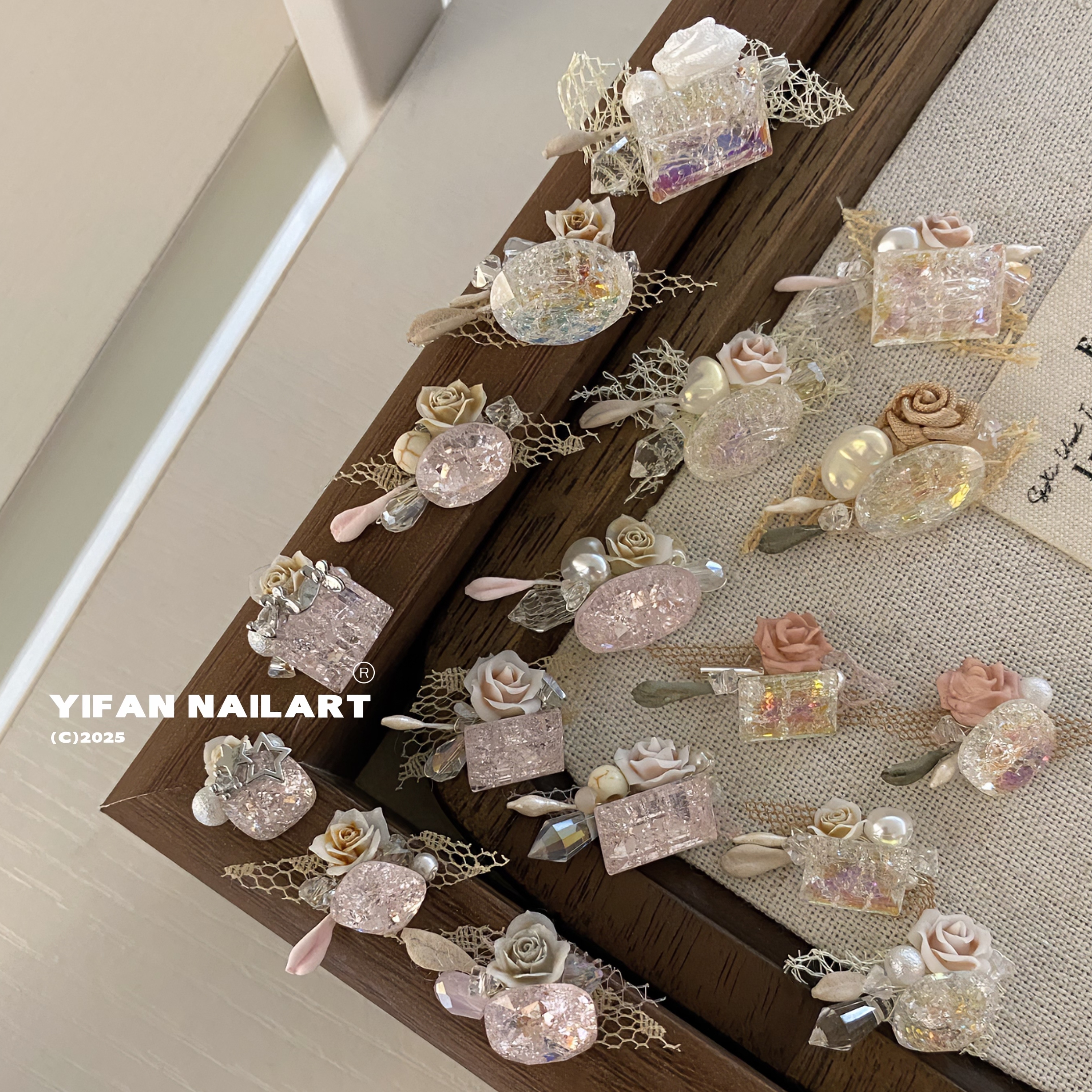 YIFANNAIL【樱花之约】少女感～桃花粉欧根纱成品堆钻美甲堆钻S5