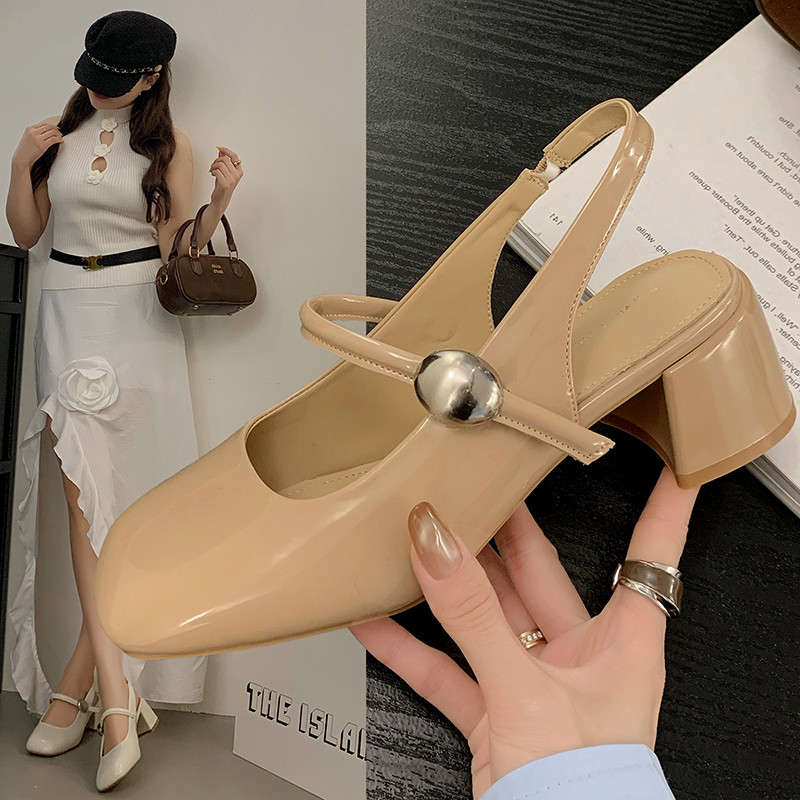 女凉鞋中跟包头后空法式小皮鞋