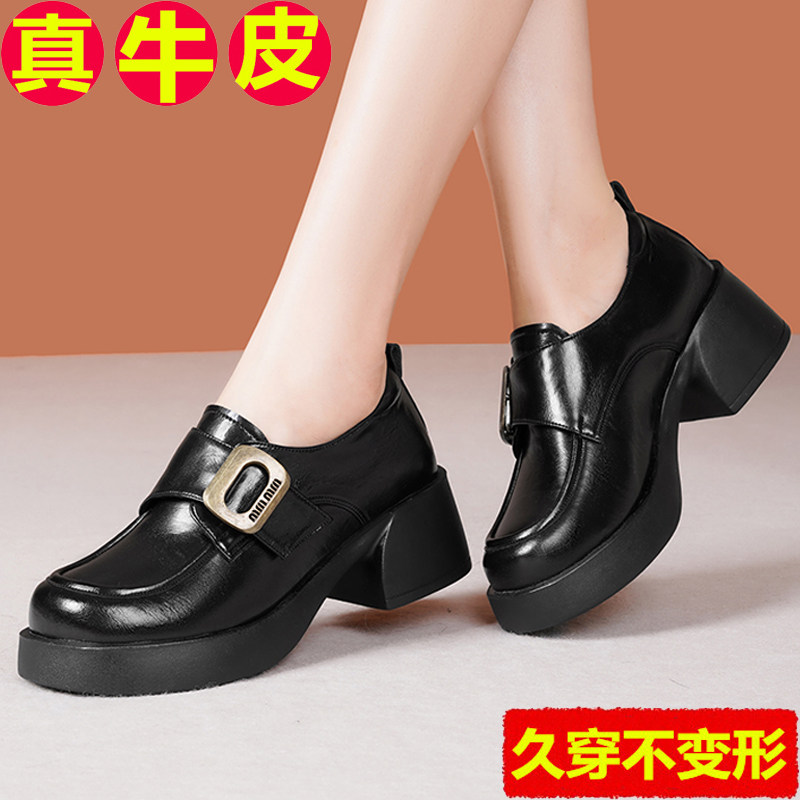 复古小皮鞋春秋单鞋女中跟乐福鞋