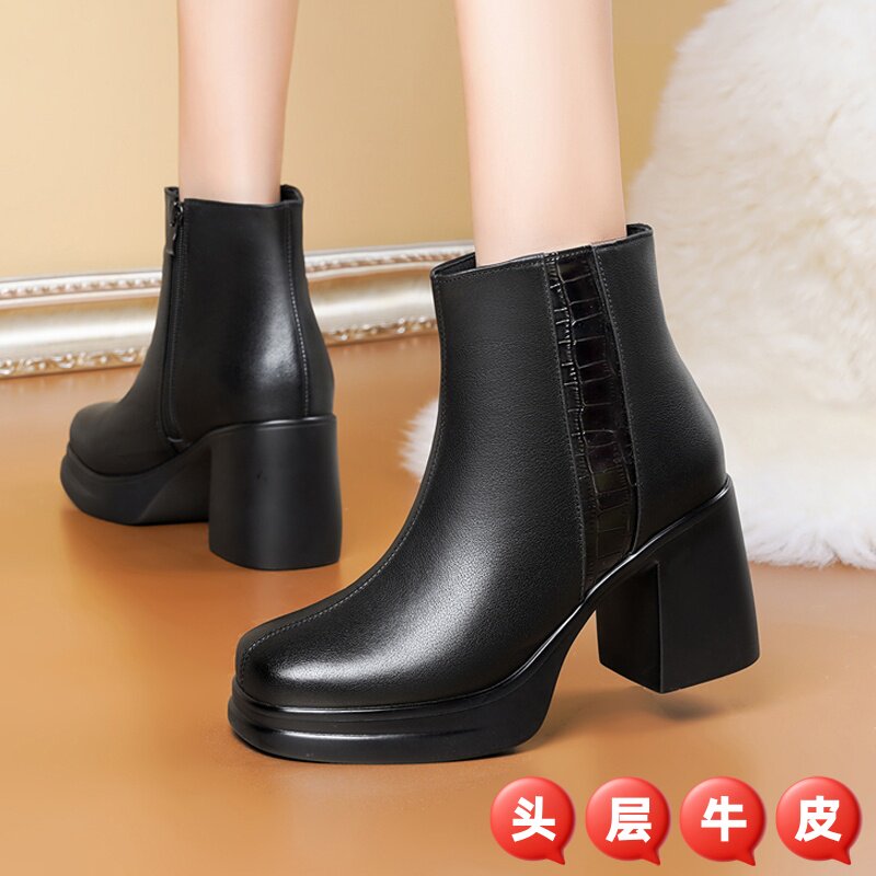 全牛皮短靴女高跟羊毛加绒棉皮鞋