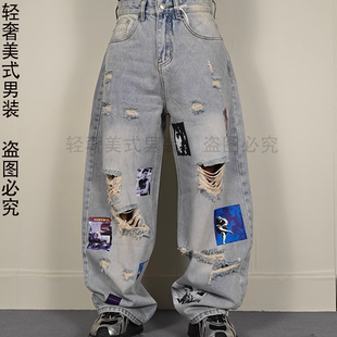 潮牌美式数码印花破洞牛仔裤男夏季宽松阔腿潮流长裤破烂风弯刀裤