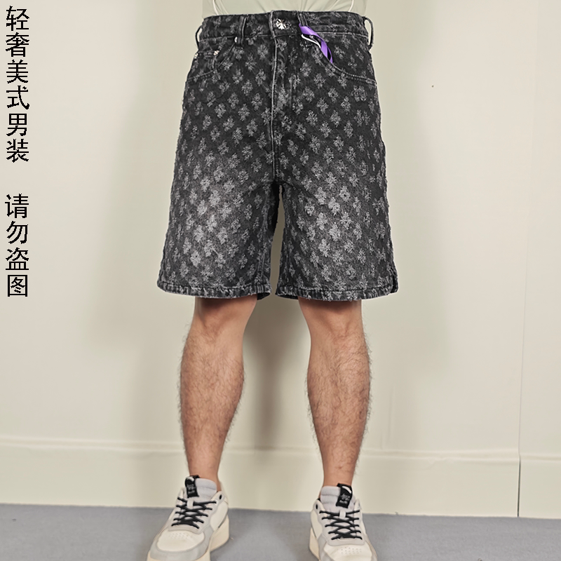 潮牌巴黎高街美式风提花牛仔短裤男夏季宽松五分裤设计感做旧潮裤