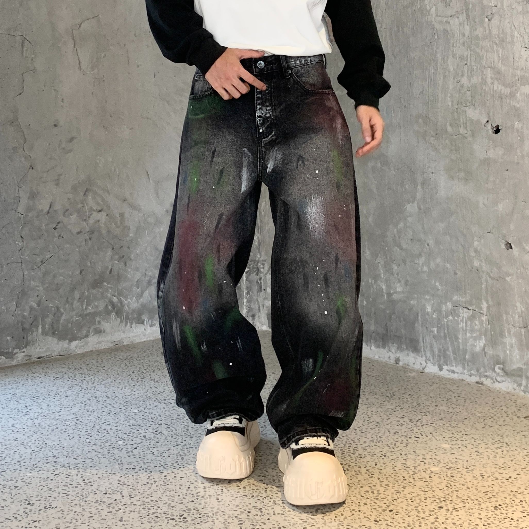迪丽热巴同款新款潮牌牛仔裤男女款美式宽松个性印花直筒弯刀长裤