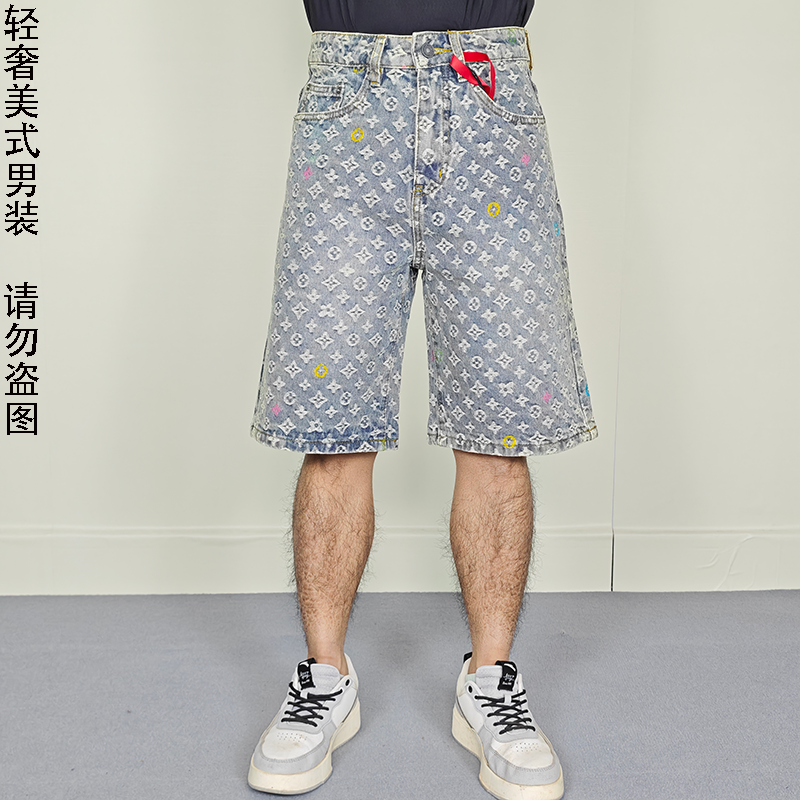 美式潮牌满印提花老花L/V款牛仔短裤男直筒宽松五分裤设计感街头,男装,短裤,淘宝优惠券,粉丝福利购,淘宝优惠卷