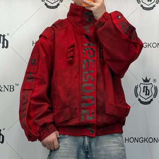 立领潮流红色字母印花立领夹克外套 情侣时尚 街头文化秋冬经典 美式
